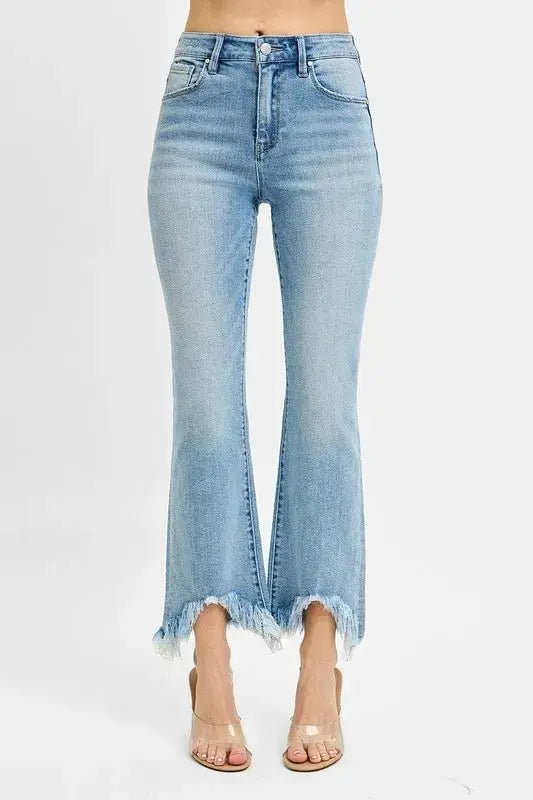 RISEN High Rise Crop Bootcut Fray Hem Jeans for Women - Love Salve